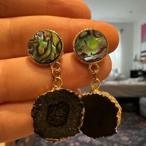 Black, Gold and Iridescent Stone Earrings- Unique